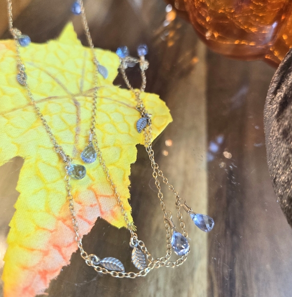 Sky Blue quartz circle 18k gold filled rondelle chain bohemian leaf necklace - Picture 5 of 5